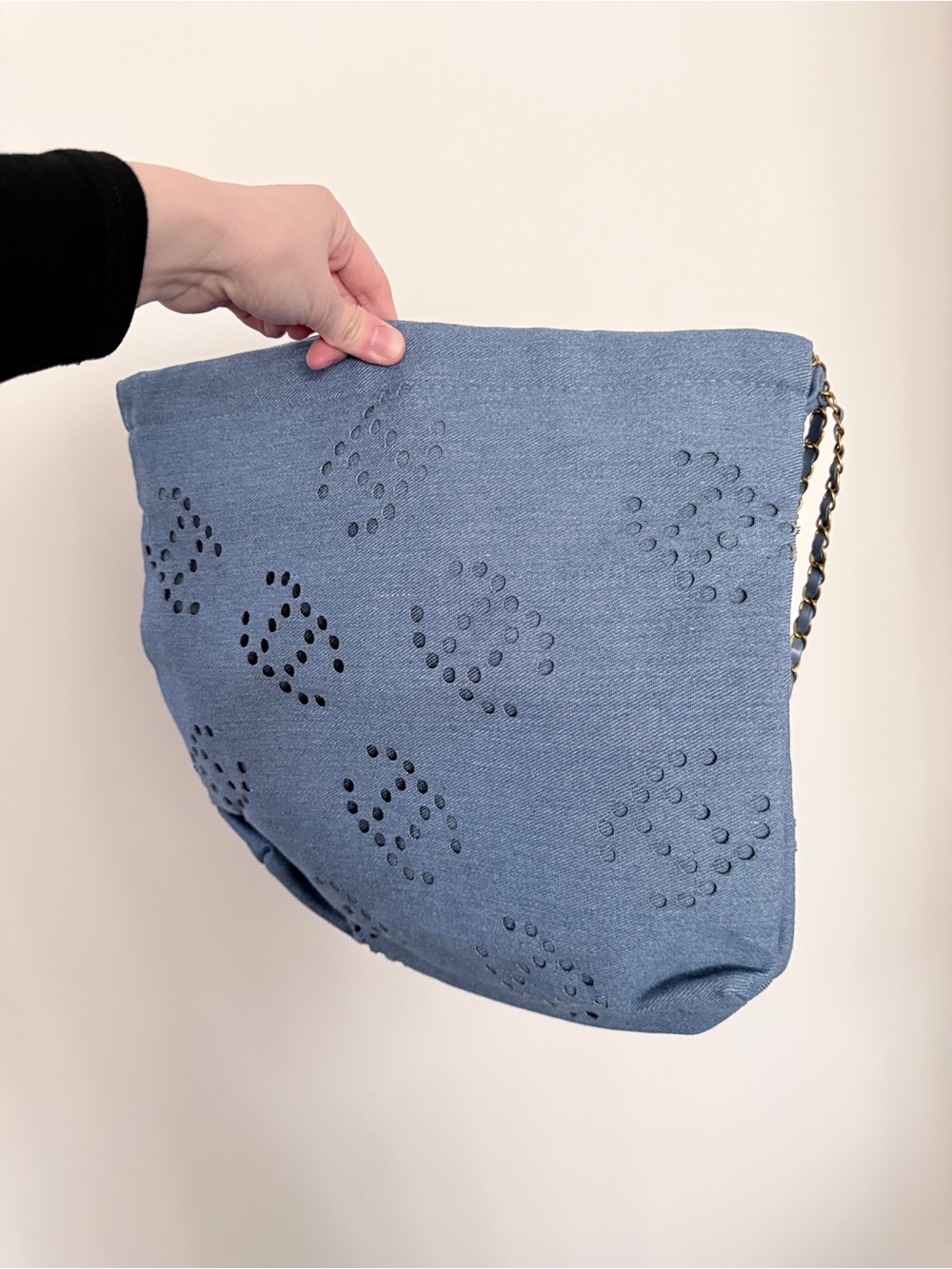 Blue Perforated Denim Crossbody Bag with Chain Strap